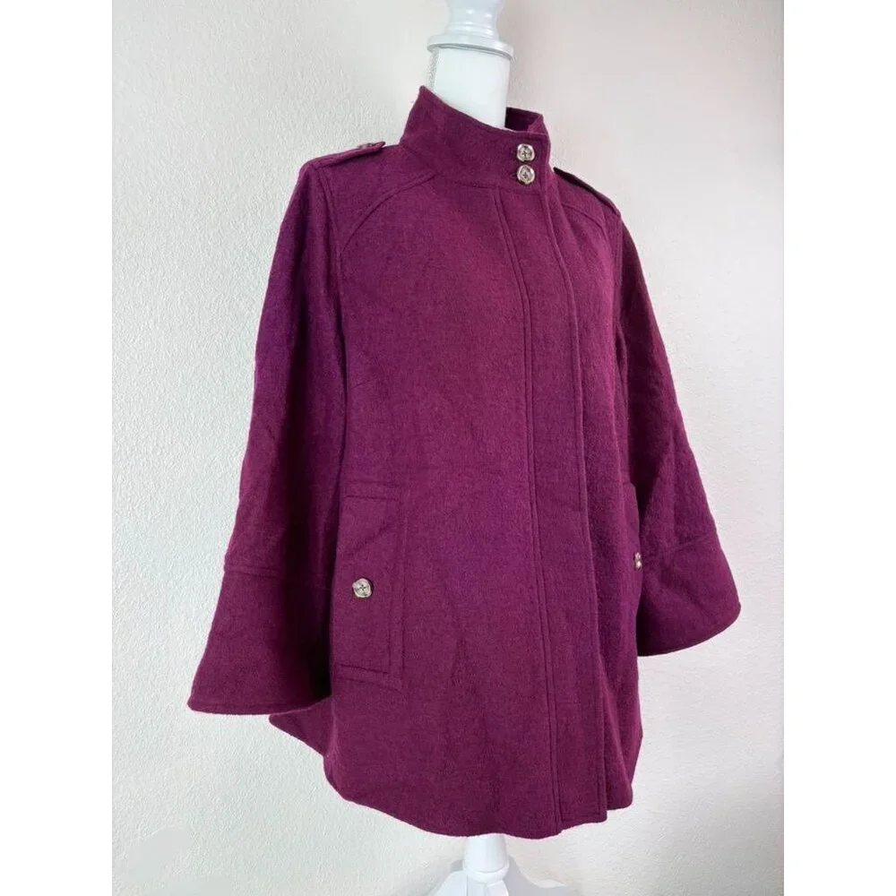 Chico's women's 2 large maroon boiled‎ wool full zip lined wide sleeve jacket